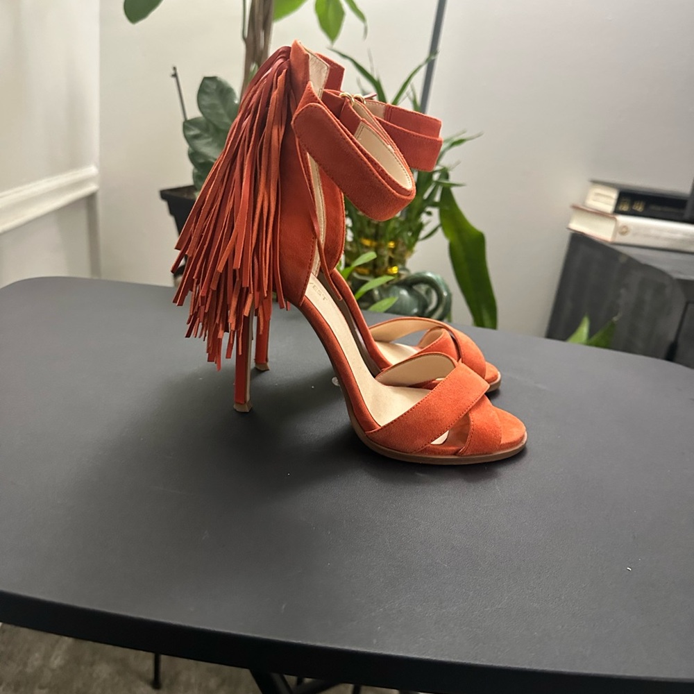 Nine West Hustle Fringe Suede High-Heel Sandals Orange
